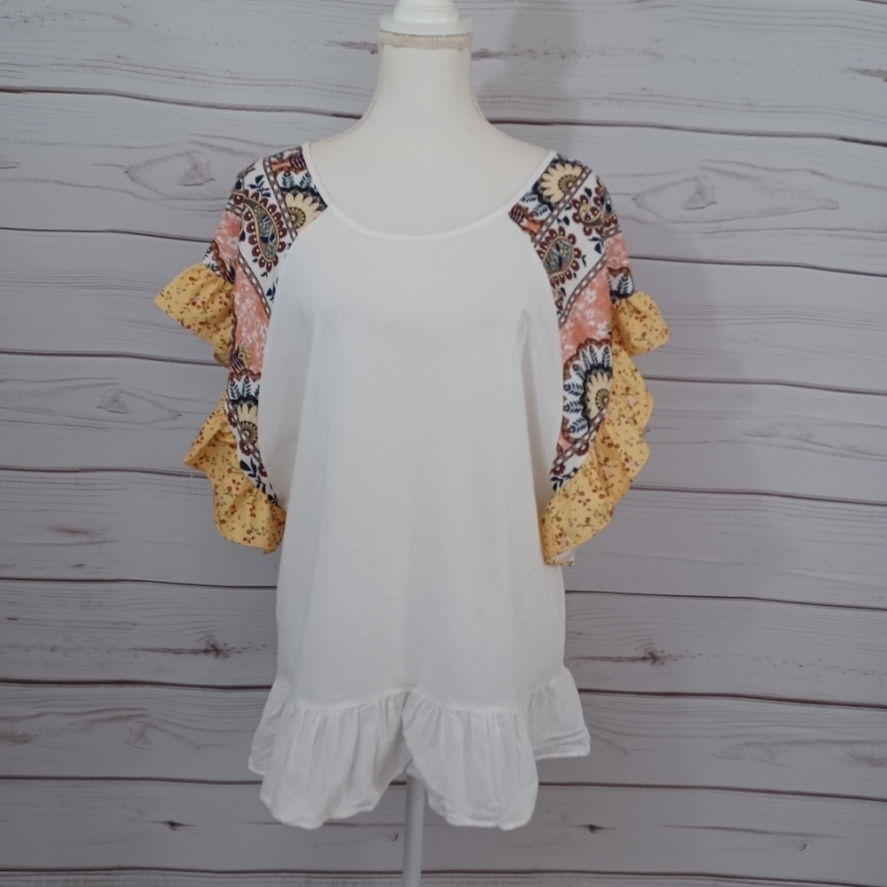 MISSLOOK White Linen Vibrant Butterfly Fiesta Ruffle Sleeve Blouse Shirt Top